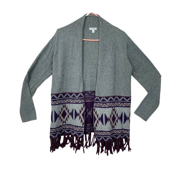 Charming Charlie womens large gray wool aztec fringe cardigan santa fe purple - Picture 1 of 10